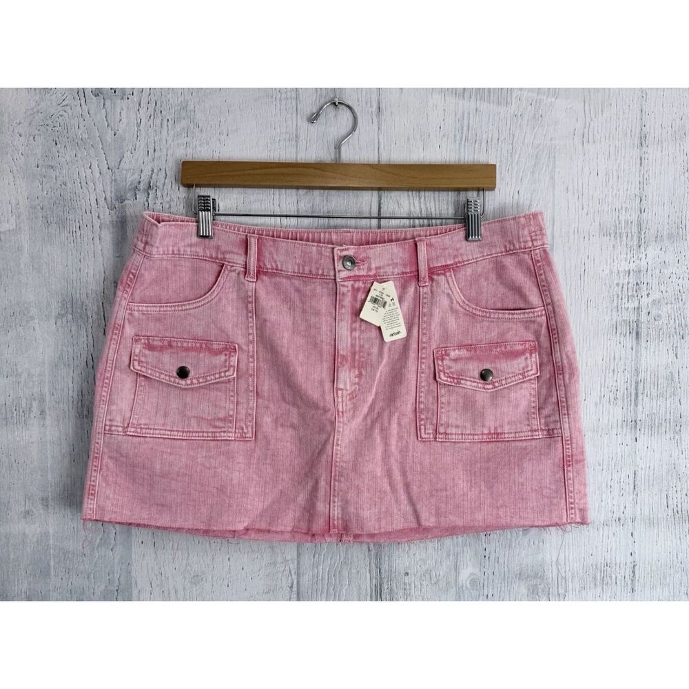 Aerie Mini Skirt Pink Fringe Hem Cut Off Preppy Boho Denim Women's XL (37"w)